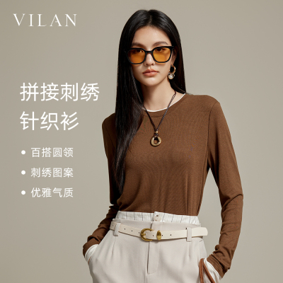 vilan/慧兰撞色拼接假两件针织衫女2025秋季新款圆领套头长袖修身