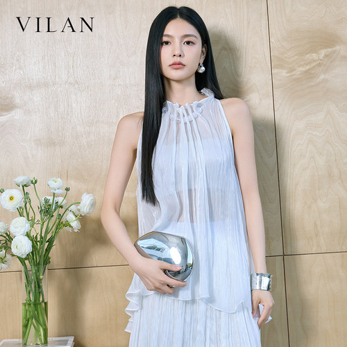 vilan 慧兰高级感挂脖上衣女夏立领无袖褶皱显瘦气质亮丝背心