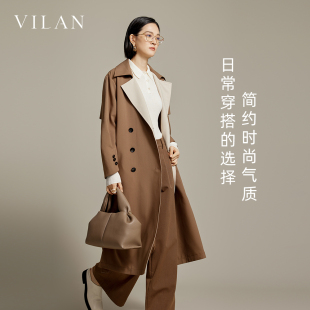 vilan/慧兰茧型系带长款风衣女高个子2025秋装新款宽松撞色外套潮