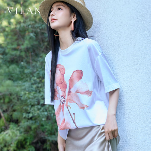 vilan 慧兰2026 夏季新款圆领印花 T 恤女宽松慵懒风气质短袖上衣