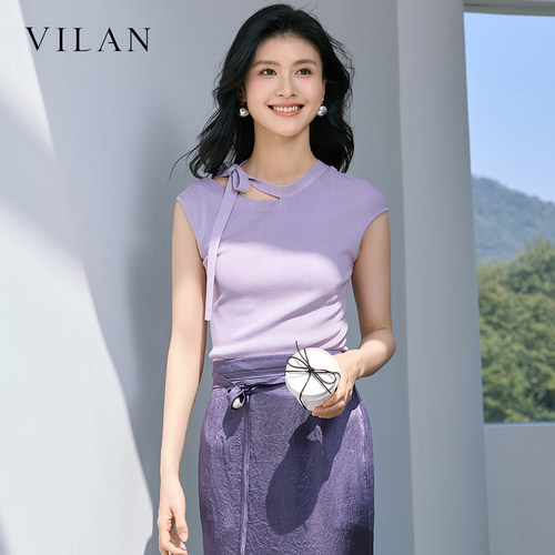 vilan 慧兰针织上衣女夏新款圆领飘带挖肩显瘦气质修身短袖上衣
