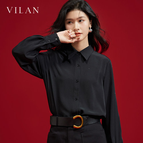 vilan慧兰2026黑色垂感衬衫女亮钻缎面高级感宽松显瘦通勤长袖衫