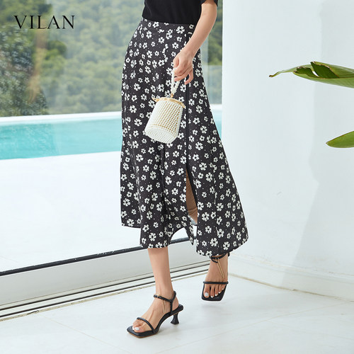 vilan/慧兰半身裙女2025新款时尚通勤显瘦高腰碎花直筒中裙子
