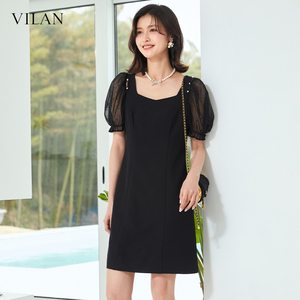 vilan/慧兰黑色连衣裙气质名媛高端女神范高级感礼服小黑裙泡泡袖