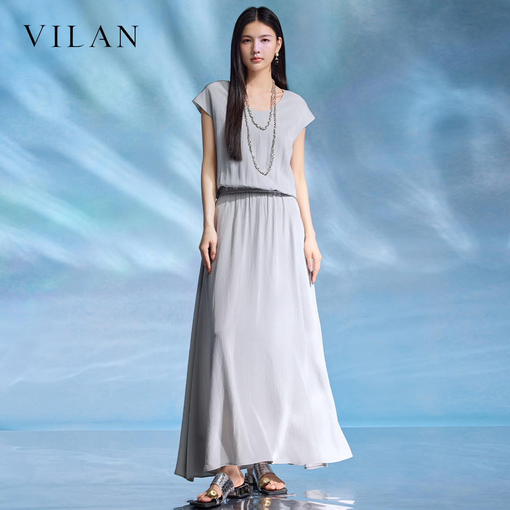 vilan 慧兰连衣裙女夏新款圆领短袖松紧腰显瘦气质垂感中长款裙子