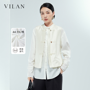 vilan/慧兰新中式盘扣立领国风衬衫女款2025秋季新款长袖白色上衣