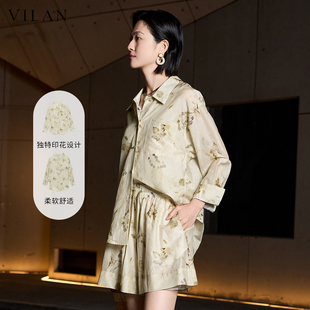 vilan/慧兰夏装新款清新淡雅印花翻领衬衣女装长袖宽松显瘦薄上衣