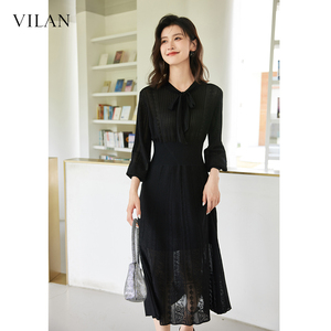 vilan/慧兰法式系带连衣裙女秋季新款知性气质针织长款直筒裙