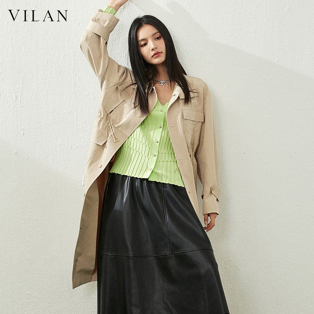 vilan/慧兰中长款风衣外套女翻领工装多口袋上衣2025春秋新款女装