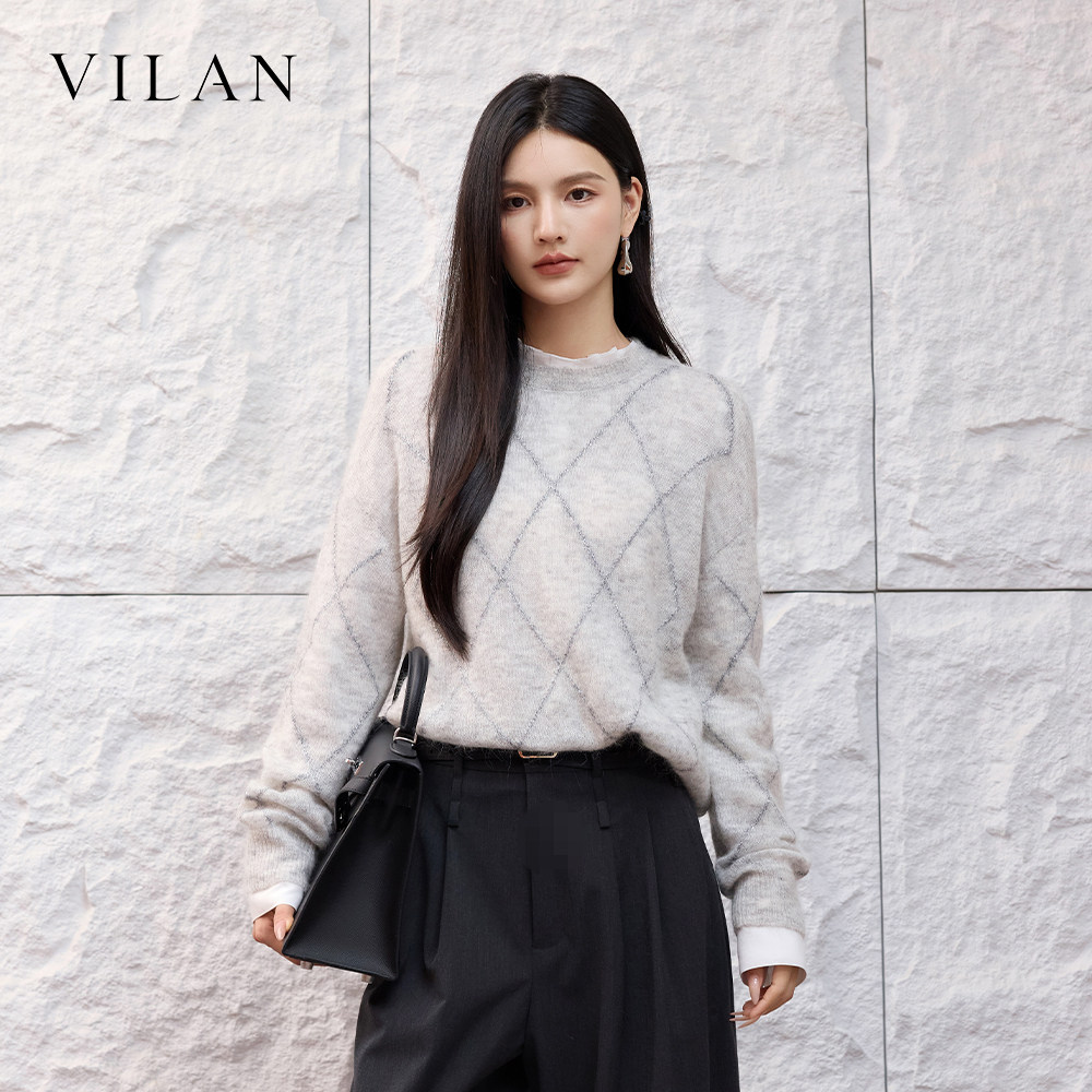 vilan慧兰浅灰色菱格针织衫女秋季圆领宽松慵懒风长袖套头毛衣