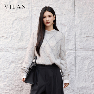 vilan慧兰浅灰色菱格针织衫女秋季圆领宽松慵懒风长袖套头毛衣