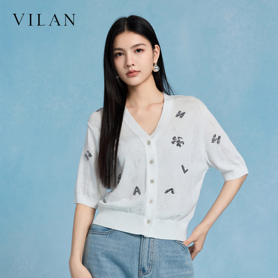 vilan慧兰2026新款女 V 领字母印花针织开衫短袖修身显瘦通勤上衣