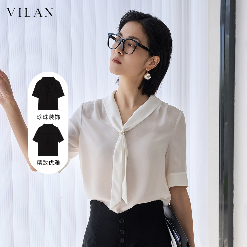 vilan/慧兰短袖衬衫女雪纺衫蝴蝶结衬衣休闲商务通勤百搭女衬衫