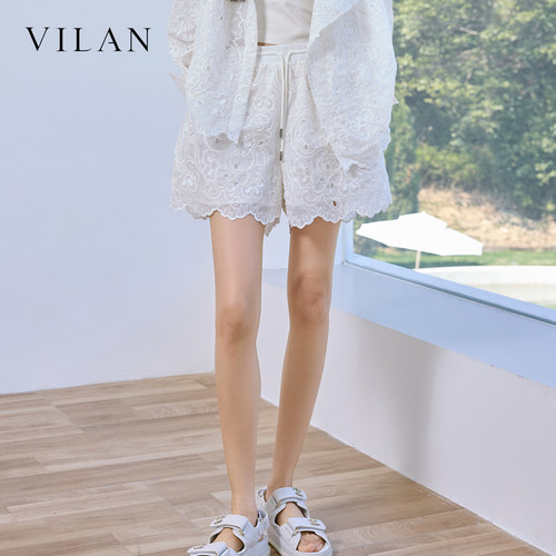 vilan 慧兰 2026 夏季新款抽绳蕾丝短裤女高腰显瘦镂空绣花休闲裤
