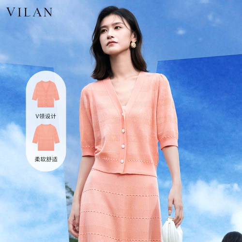 vilan/慧兰针织开衫女V领短袖秋