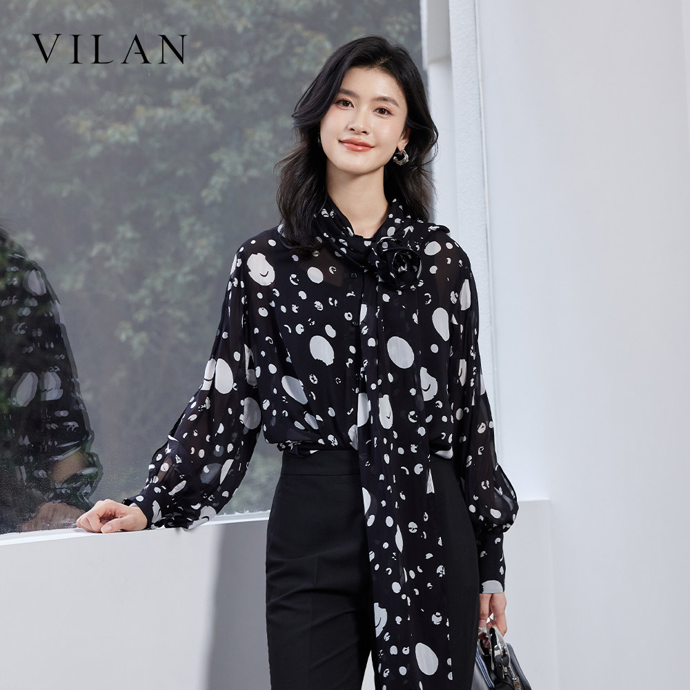 vilan慧兰2026夏新款黑色印花飘带雪纺衬衫女露肩设计感通勤上衣
