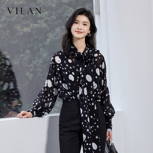 vilan慧兰2026夏新款 女露肩设计感通勤上衣 黑色印花飘带雪纺衬衫