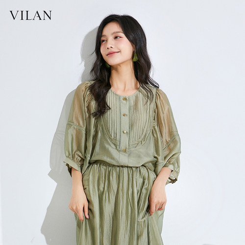 vilan 慧兰日常百搭衬衫女夏宽松显瘦温柔风豆绿色泡泡袖上衣