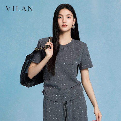 vilan 慧兰波点短袖 T恤女2026夏季新款圆领休闲百搭显瘦灰色上衣