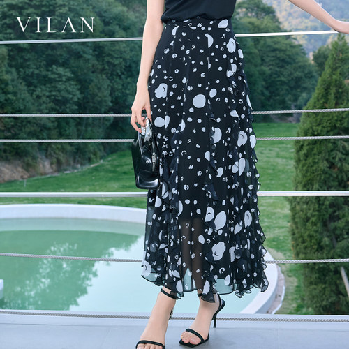 vilan慧兰波点半身裙女夏新款高腰显瘦不规则荷叶边中长款半裙