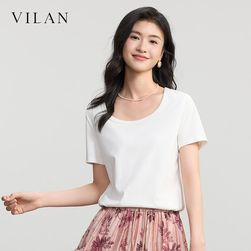 vilan慧兰白色圆领短袖T恤女秋季简约基础款百搭宽松显瘦打底上衣