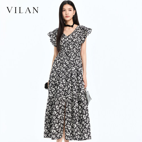 vilan 慧兰连衣裙女夏新款 V领小飞袖收腰显瘦气质碎花开叉中长裙