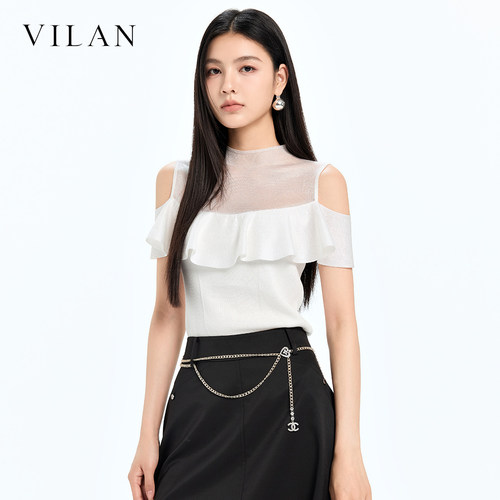 vilan慧兰针织上衣女夏新款半高领露肩荷叶边显瘦气质修身短袖