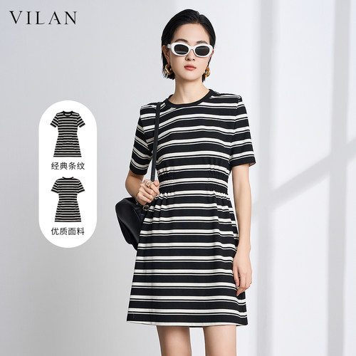 vilan/慧兰连衣裙女2025夏季新款时尚气质显瘦短袖条纹印花中裙子