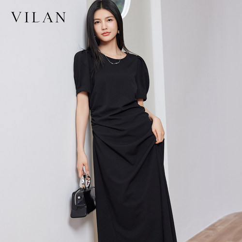 vilan 慧兰连衣裙女夏新款圆领泡泡袖收腰显瘦气质通勤中长裙