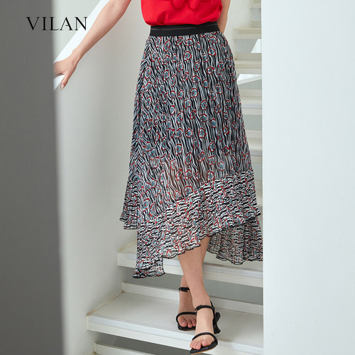 vilan/慧兰荷叶边a字碎花半身裙