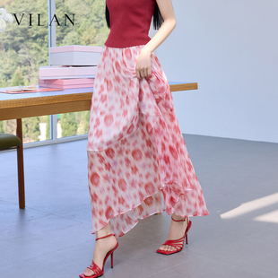 vilan2026夏季新款半身裙女不规则裙摆水墨印花温柔风度假长裙子