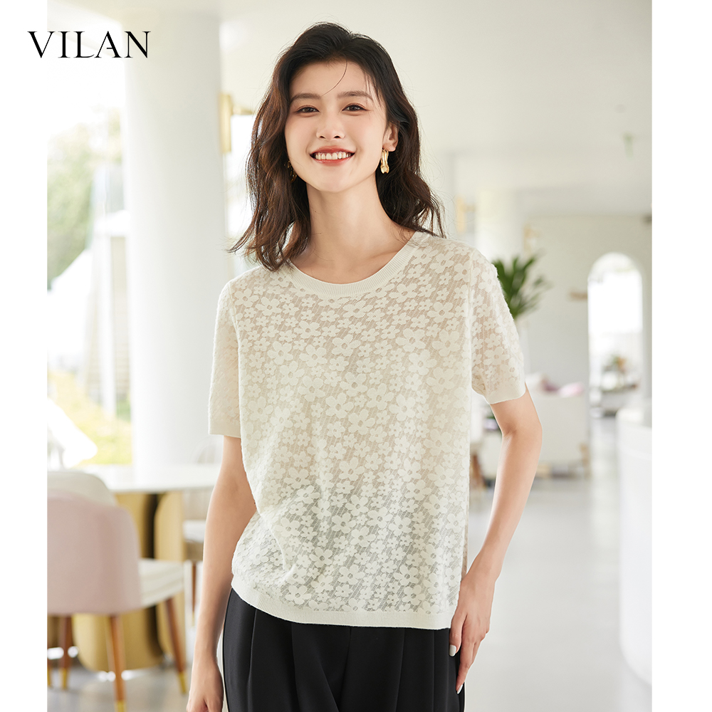 vilan/慧兰新款宽松提花刺绣短袖T恤女设计感小众打底衫轻薄上衣