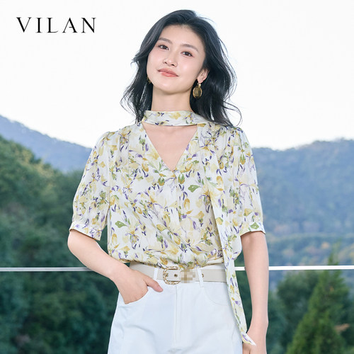 vilan慧兰印花衬衫女夏新款 V 领泡泡袖飘带收褶显瘦气质通勤上衣