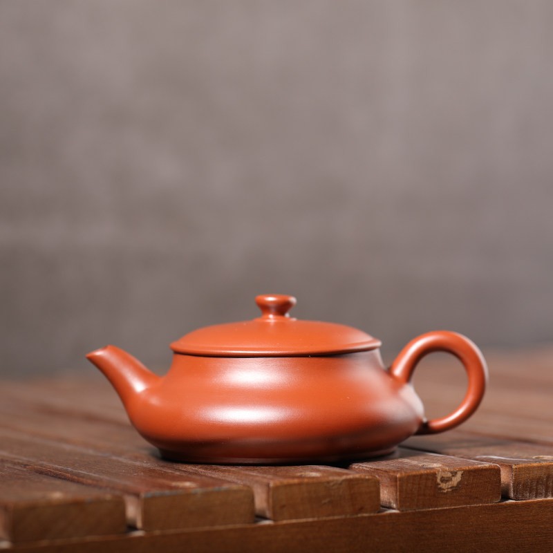 潮州手拉壶原矿朱泥小容量薄胎敞口紫砂壶陈丽苗扁明炉壶120毫升