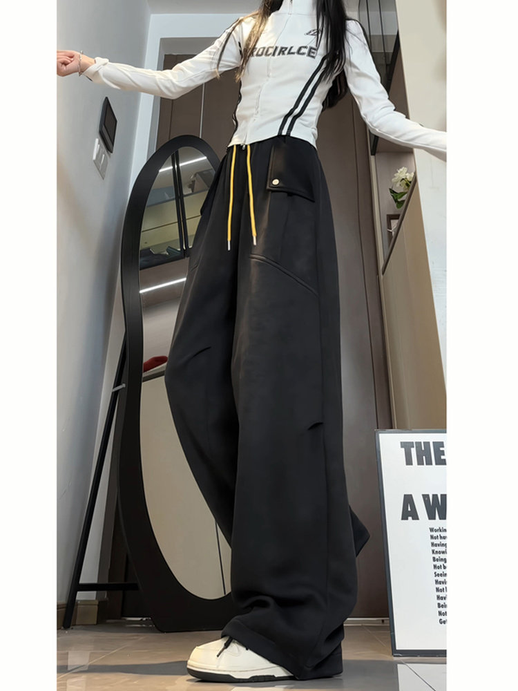 DESSO American Washed Casual Pants Girls Trendy Loose Drape Straight-leg Wide Leg Sports Pants