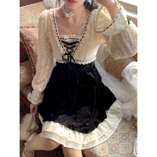 法式 2023新款 Blovelan迷恋黑加仑 复古黑丝绒拼接款 连衣裙女春季