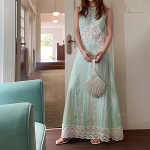 法式露背海边度假连衣裙亚麻长裙