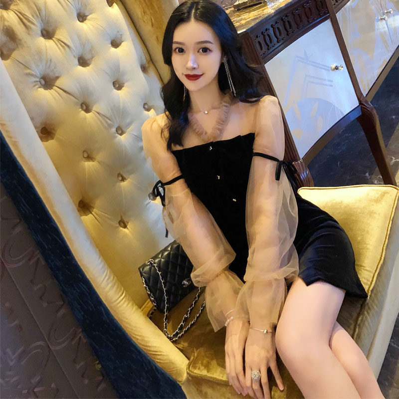 丝绒长袖连衣裙0仙气宴会小礼服