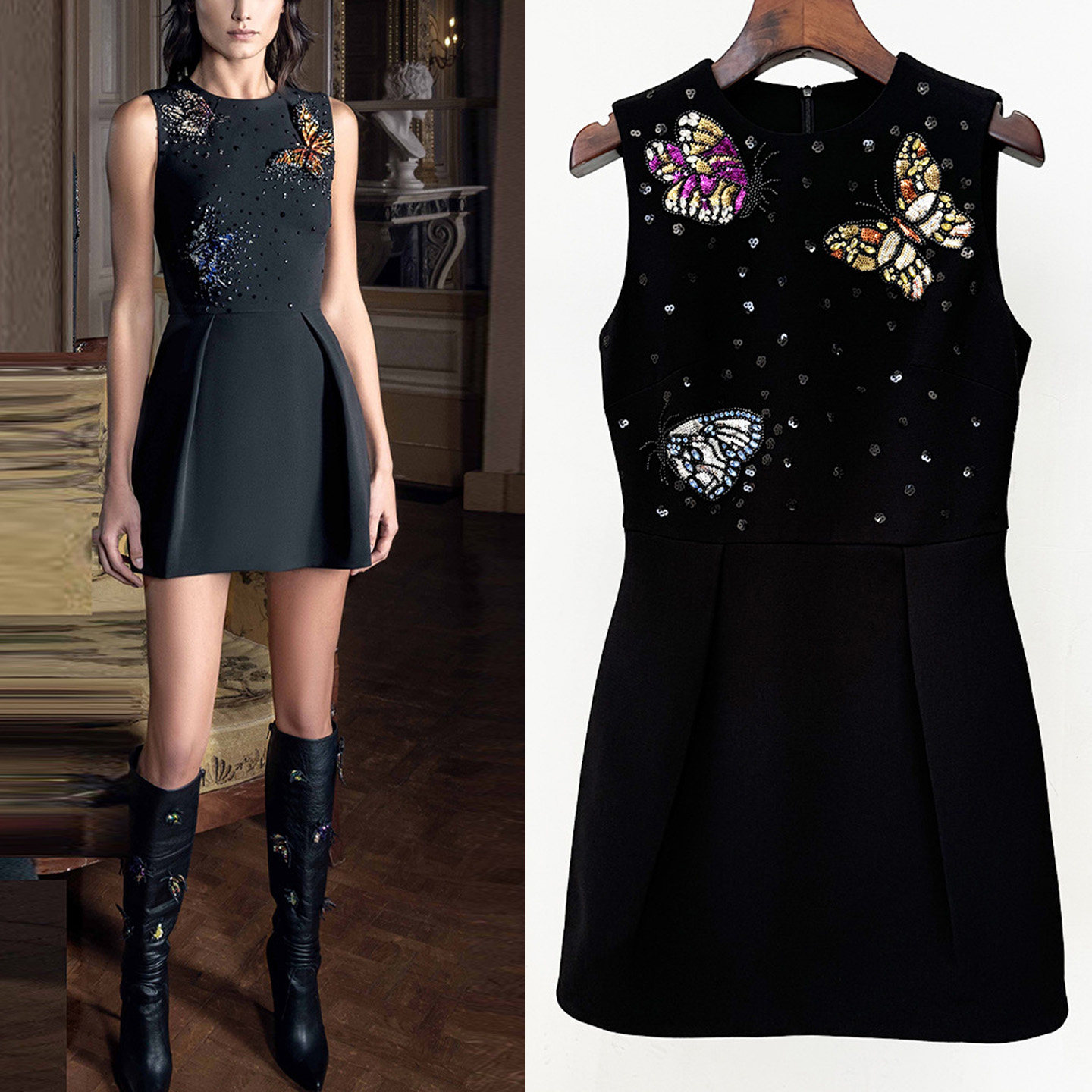 高级感重工钉珠刺绣蝴蝶miu系千金风连衣裙复古收腰显瘦背心A字裙