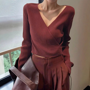 高定轻熟风安哥拉红v领毛衣女高腰阔腿长裤两件套时尚通勤套装女