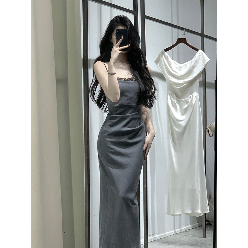 高端法式蕾丝拼接吊带连衣裙女气质褶皱包臀裙打底裙派对小礼服裙