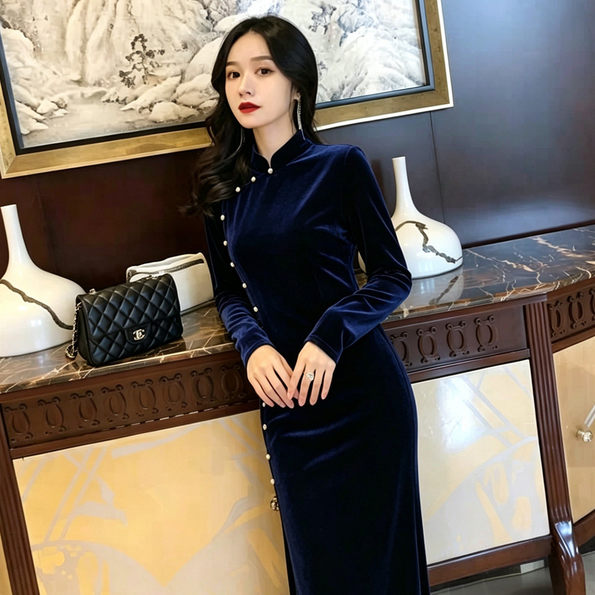 新中式立领丝绒收腰显瘦旗袍裙