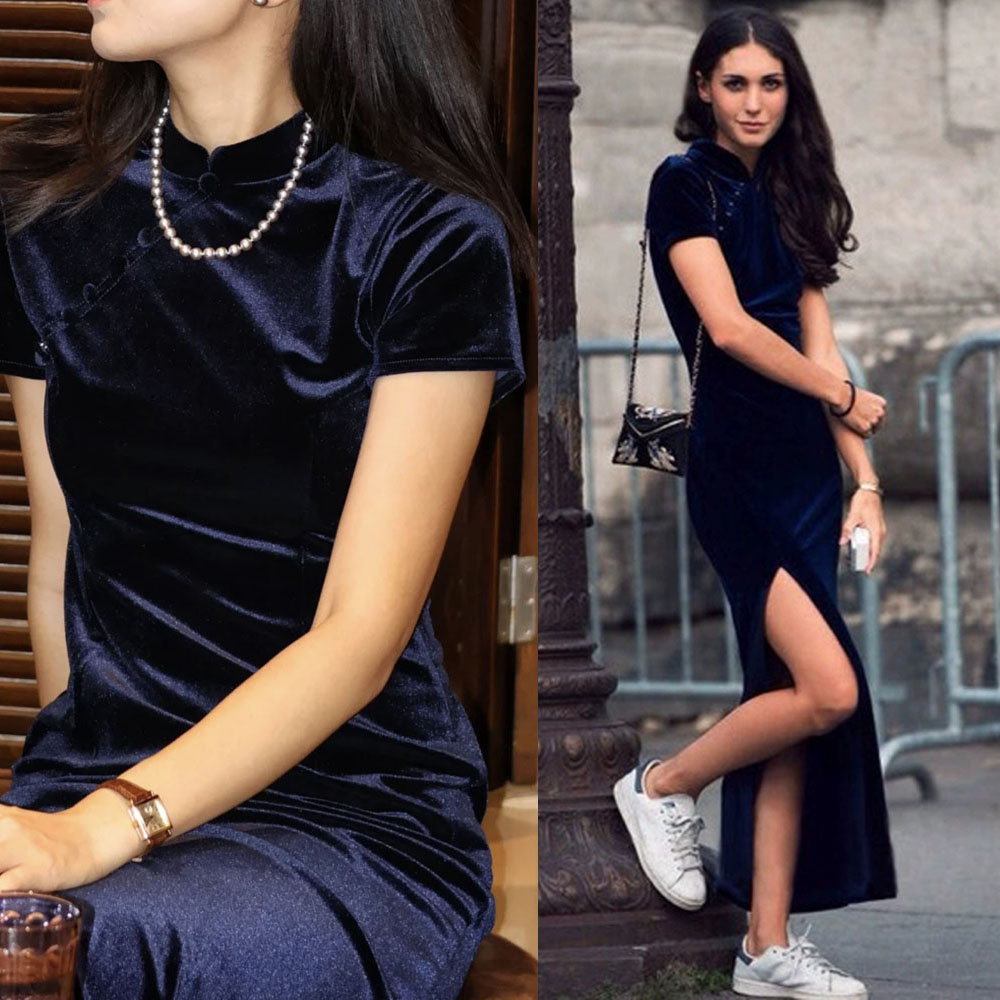 高级质感藏蓝色丝绒连衣裙旗袍女