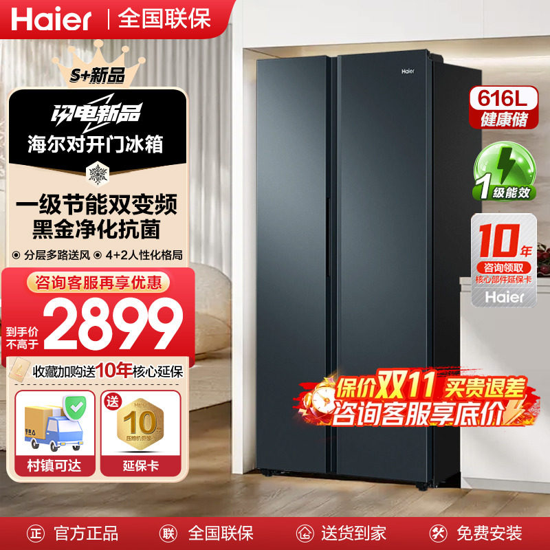海尔冰箱对开双开门616升L家用大容量一级变频超薄风冷无霜冰箱DH