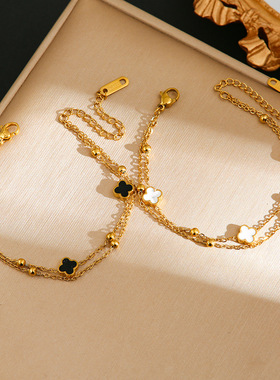 通体钛钢简约mini款黑色四叶花手链ins跨境幸运草百搭气质不掉色