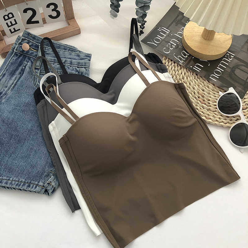 冰丝吊带美背背心一体式固定杯内衣打底可调节肩带短款抹胸上衣女