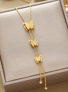 欧美小众轻奢蝴蝶钛钢磨砂项链女时尚蛇骨链不掉色流苏锁骨链批发