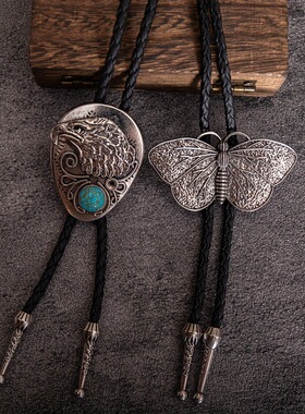 1pcs复古bolo tie领绳西部牛仔风老鹰蝴蝶天然松石波洛皮绳项链老