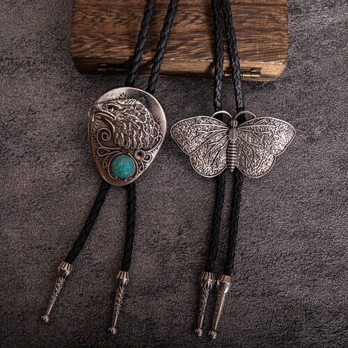 1pcs复古bolo tie领绳西部牛仔风老鹰蝴蝶天然松石波洛皮绳项链老