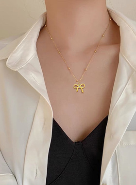 【通体钛钢】锆石蝴蝶结简风炉内真金项链女ins网红锁骨链配饰